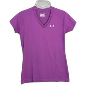 Under Armour Heat Gear Purple V-Neck Semi Fitted Athletic Tee Womens S